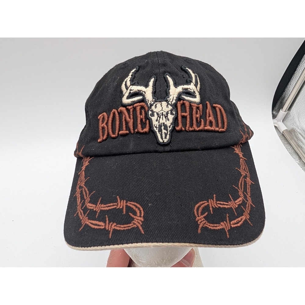 Bonehead Outfitters Mens Black Barbed Wire Deer Skull Embroidered Hat Cap